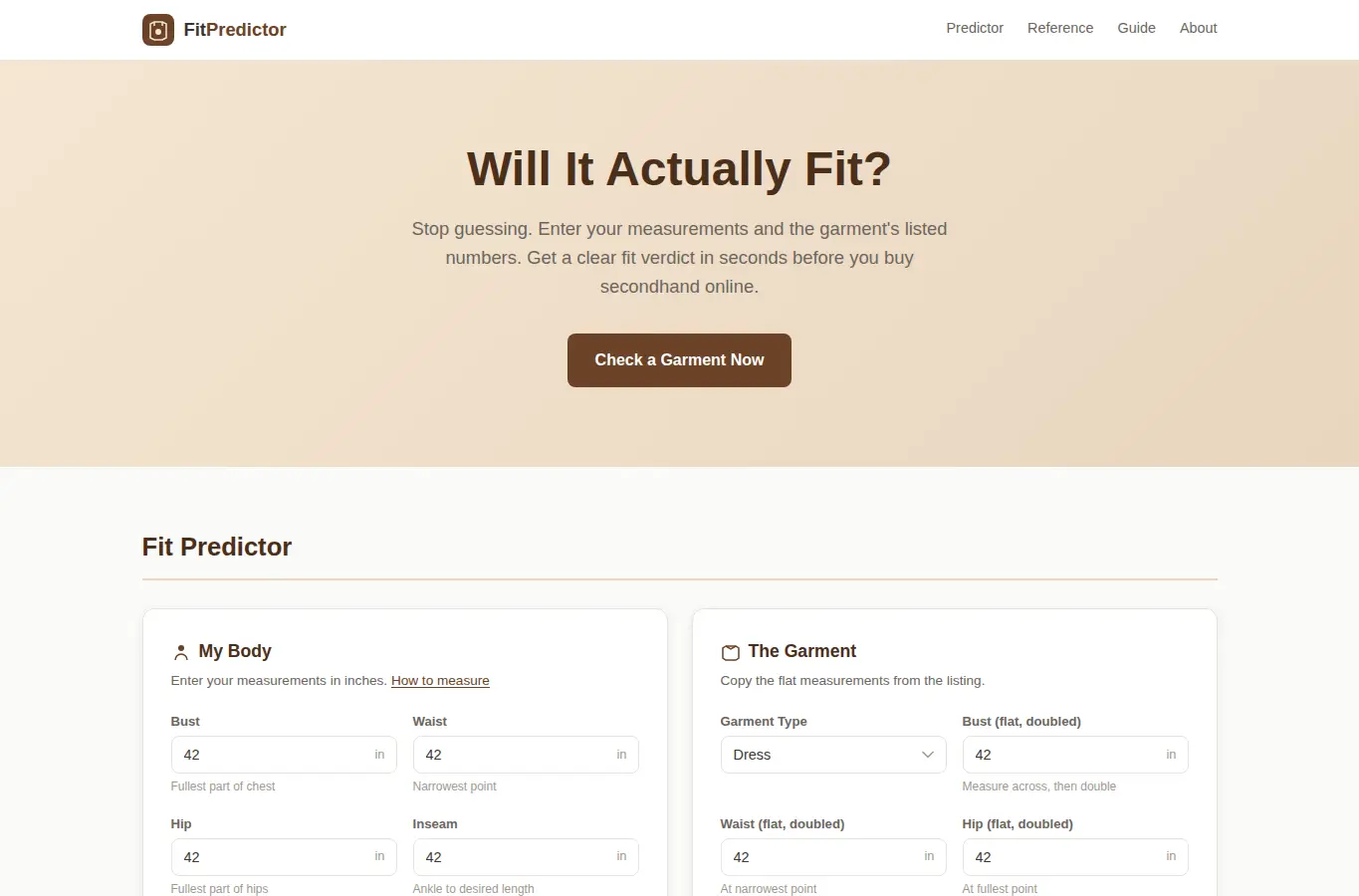Screenshot of Secondhand Clothing Fit Predictor interface showing the project page in use